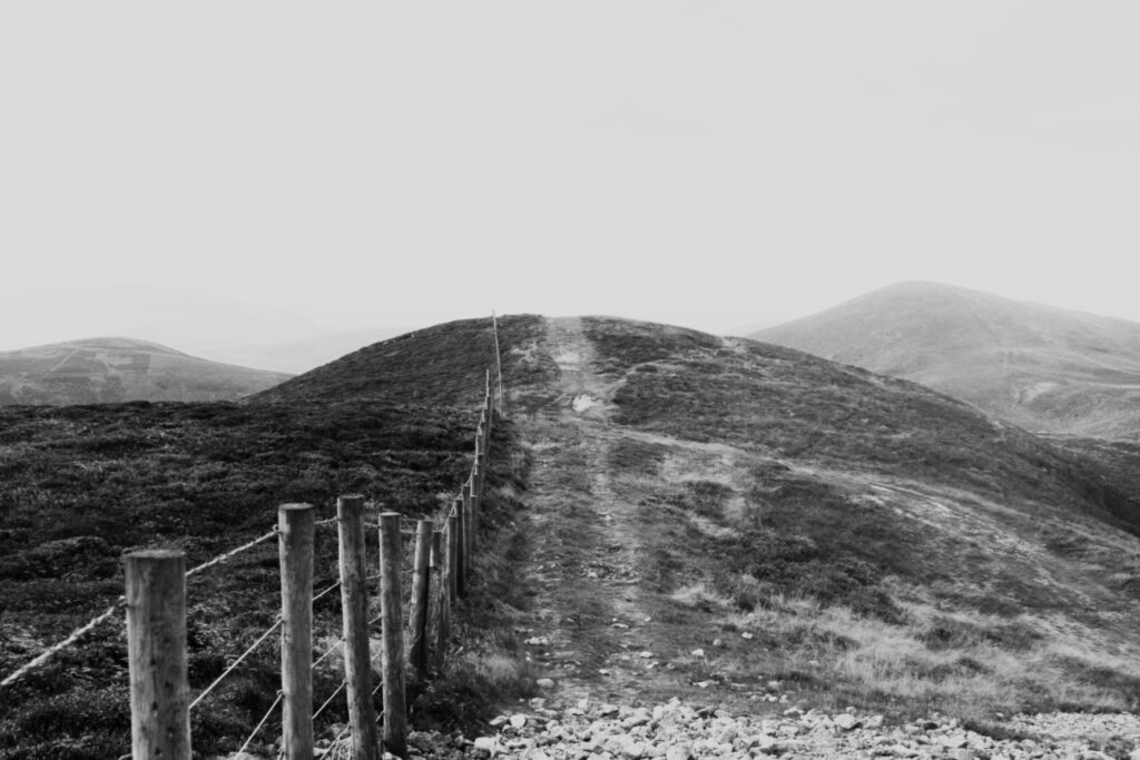Ein schmaler Weg führt über einen Hügel entland einem Zaun als Grenze.